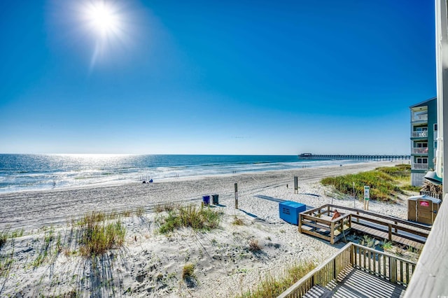 view of water feature with a beach view