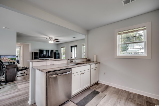 kitchen with stainless steel dishwasher, white cabinets, plenty of natural light, and kitchen peninsula