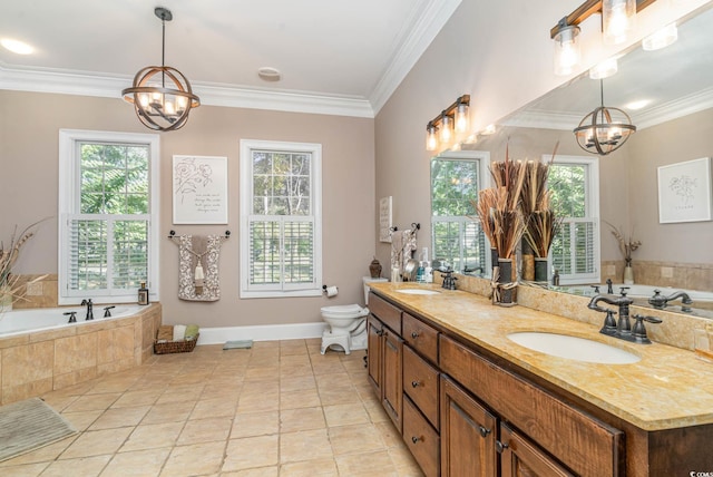 bathroom featuring crown molding, a sink, and a notable chandelier