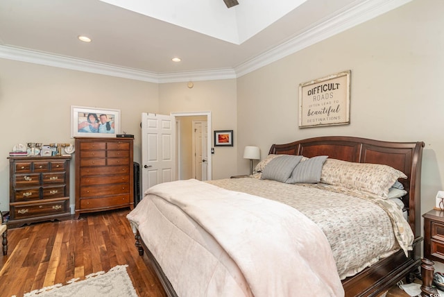 bedroom with crown molding, ceiling fan, wood finished floors, and recessed lighting