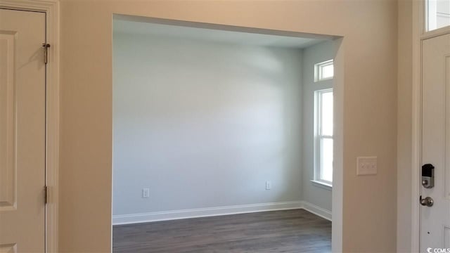 entryway with a wealth of natural light and dark hardwood / wood-style flooring