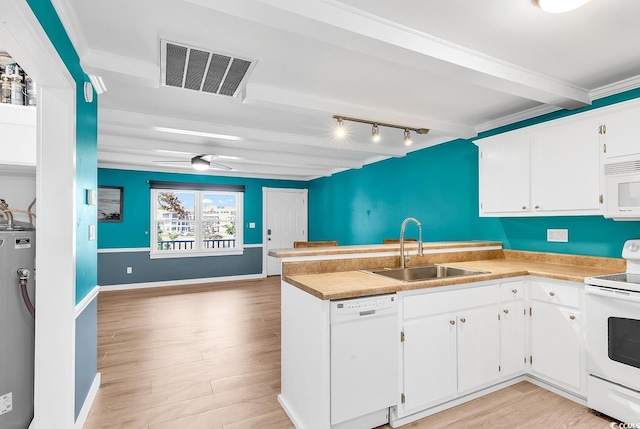 kitchen featuring water heater, sink, white cabinetry, light wood-type flooring, and white appliances