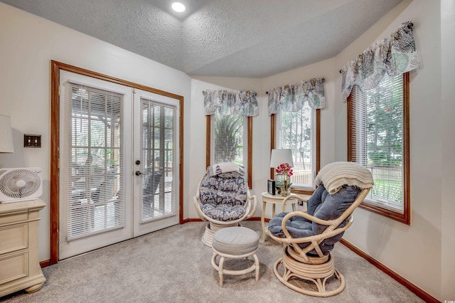 living area with a textured ceiling, french doors, and plenty of natural light