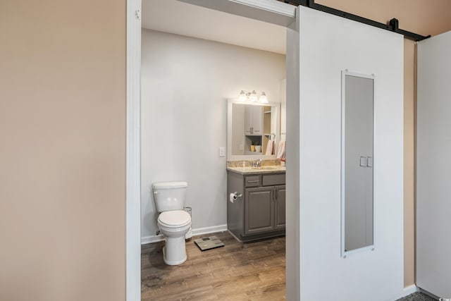 bathroom featuring wood-type flooring, vanity, and toilet