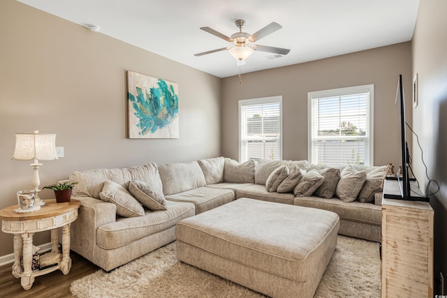 263 Red Maple Loop, Longs, SC 29568 - living area with visible vents, a ceiling fan, and wood finished floors