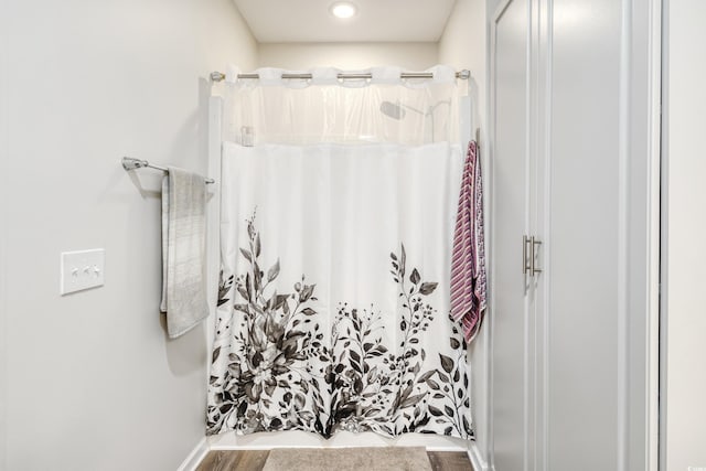 263 Red Maple Loop, Longs, SC 29568 - bathroom featuring wood finished floors, curtained shower, and recessed lighting