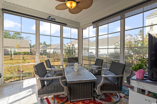 sunroom featuring ceiling fan