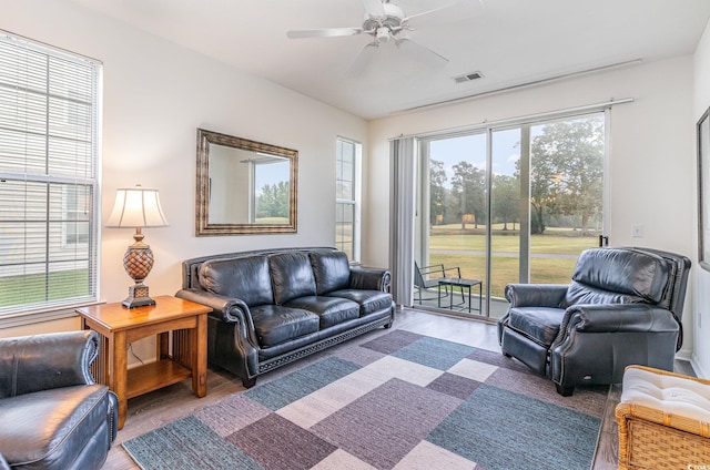 living room featuring ceiling fan and wood-type flooring