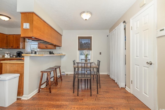 dining room featuring a textured ceiling, dark wood-type flooring, and plenty of natural light