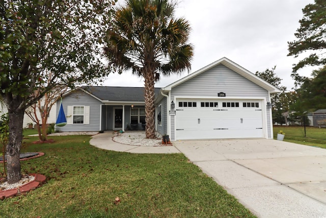 ranch-style house with a garage and a front lawn