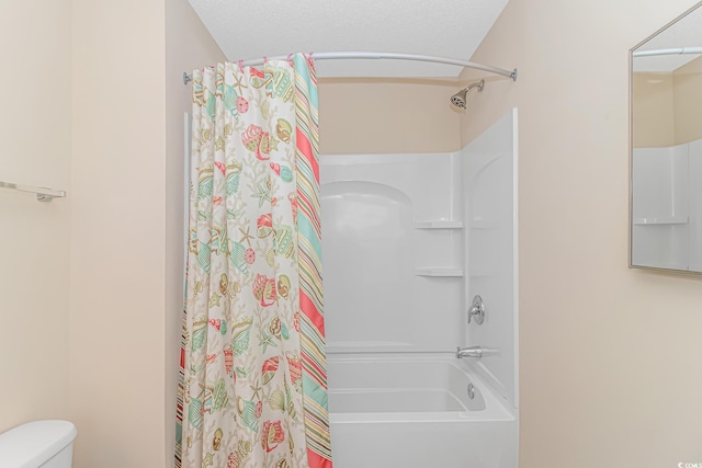 bathroom with toilet and shower / bathtub combination with curtain