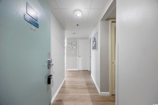 hall with a paneled ceiling and light hardwood / wood-style flooring