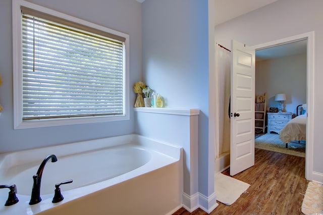 bathroom with wood-type flooring and plus walk in shower