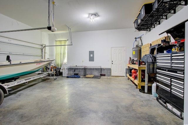 garage featuring electric panel, a garage door opener, and water heater