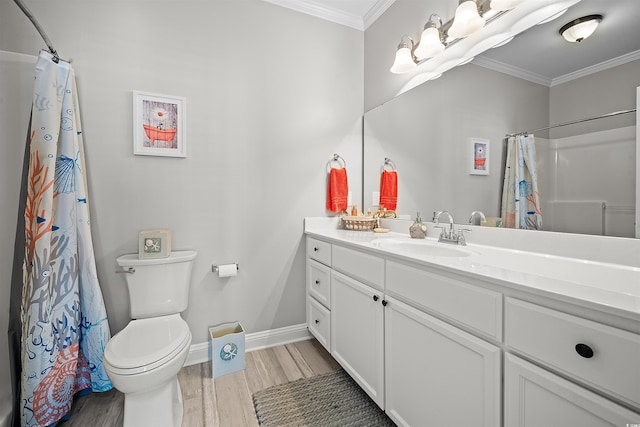 bathroom featuring wood-type flooring, toilet, ornamental molding, vanity, and walk in shower