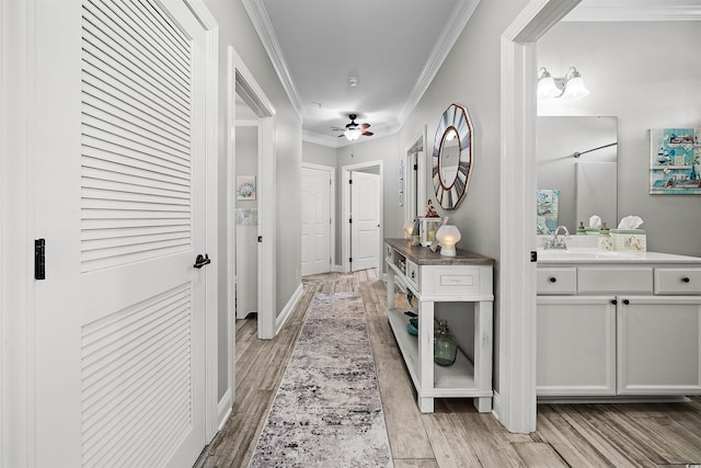 hall with sink, ornamental molding, and light hardwood / wood-style flooring