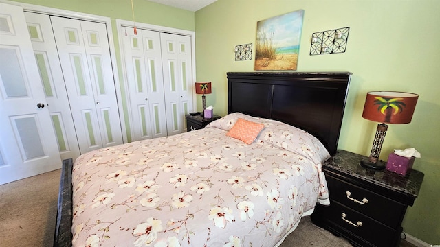 bedroom with multiple closets and carpet flooring