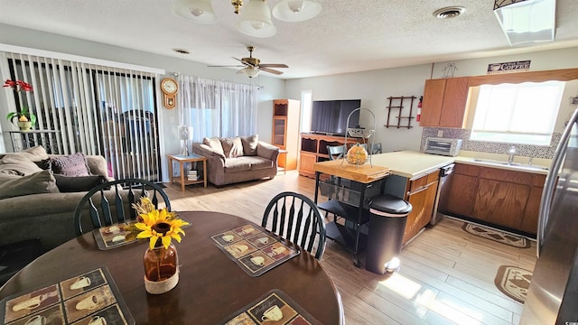 kitchen featuring sink, light hardwood / wood-style flooring, stainless steel appliances, and ceiling fan