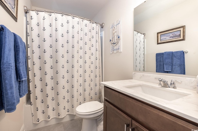 bathroom featuring vanity, a shower with curtain, toilet, and tile patterned flooring