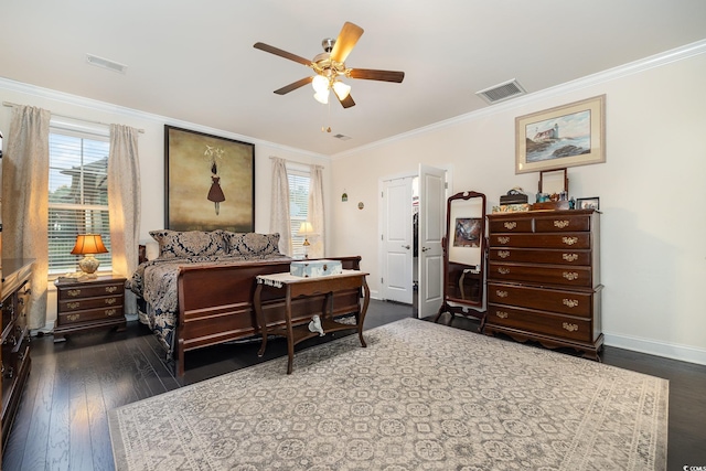 bedroom featuring dark hardwood / wood-style flooring, multiple windows, ornamental molding, and ceiling fan