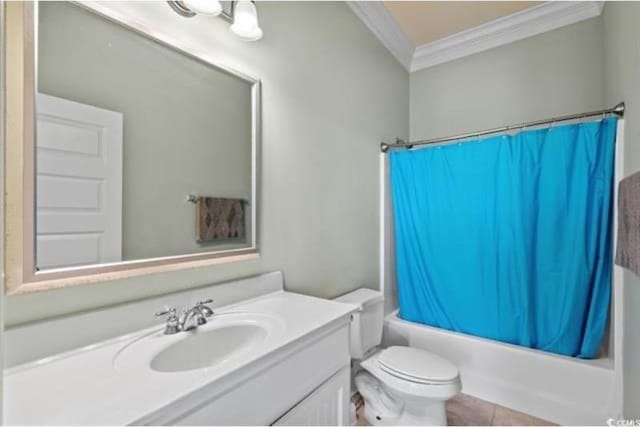 full bathroom featuring shower / bath combination with curtain, toilet, tile patterned floors, vanity, and ornamental molding