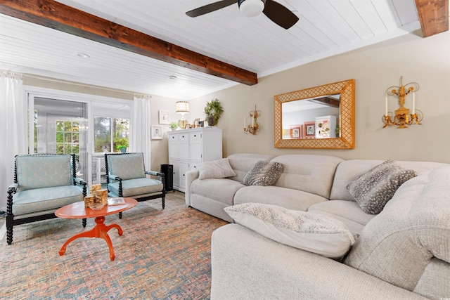 living room with ceiling fan and beamed ceiling