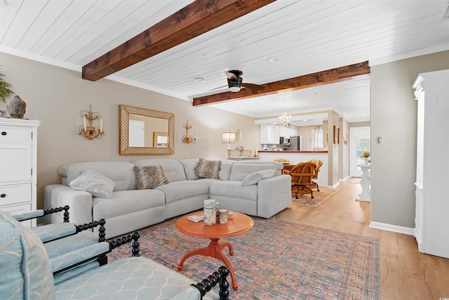 living room with wooden ceiling, ceiling fan, light hardwood / wood-style floors, and beamed ceiling