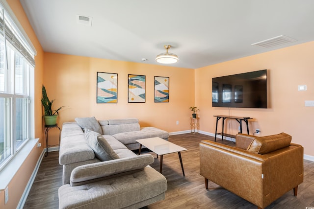 living room featuring dark wood-type flooring