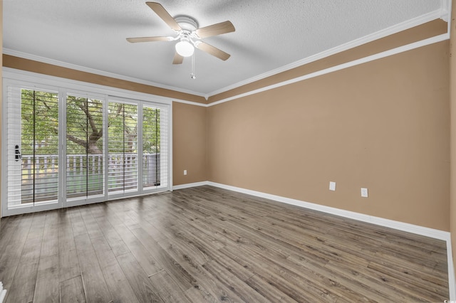 unfurnished room with hardwood / wood-style flooring, ceiling fan, ornamental molding, and a textured ceiling