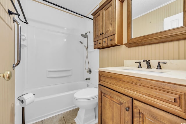 full bathroom featuring vanity,  shower combination, tile patterned flooring, toilet, and a textured ceiling