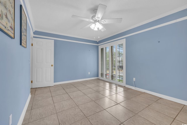 tiled empty room featuring a textured ceiling, ceiling fan, and crown molding