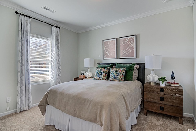 carpeted bedroom with crown molding