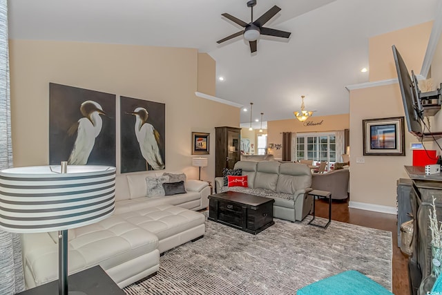 living room featuring high vaulted ceiling, wood-type flooring, and ceiling fan