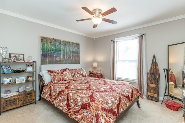 bedroom featuring ceiling fan, light carpet, and ornamental molding