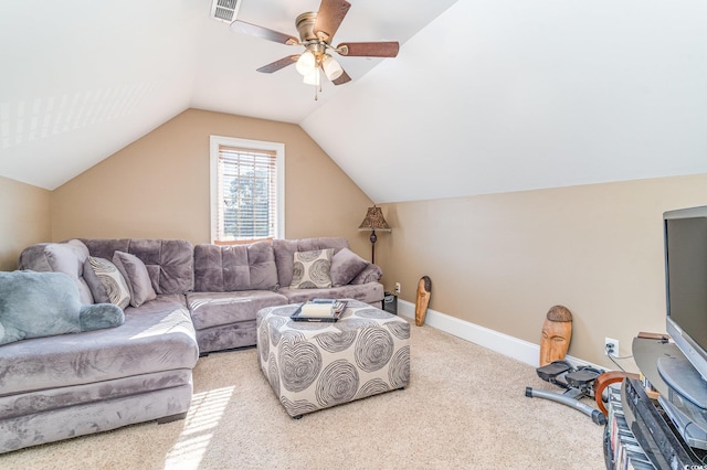 carpeted living room with lofted ceiling and ceiling fan