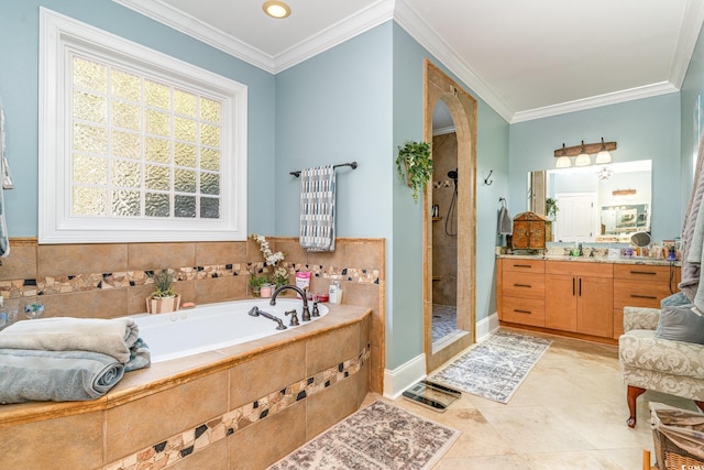 bathroom featuring vanity, crown molding, independent shower and bath, and tile patterned flooring