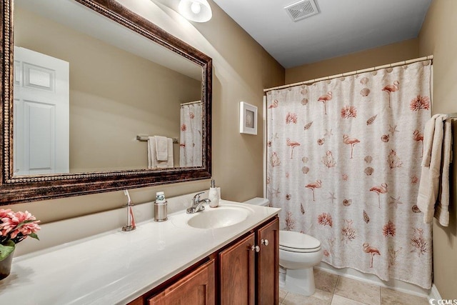 full bathroom with tile patterned flooring, vanity, toilet, curtained shower, and visible vents