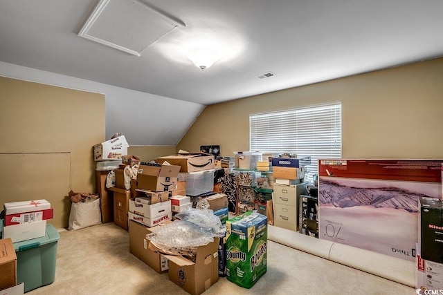 storage room featuring attic access and visible vents