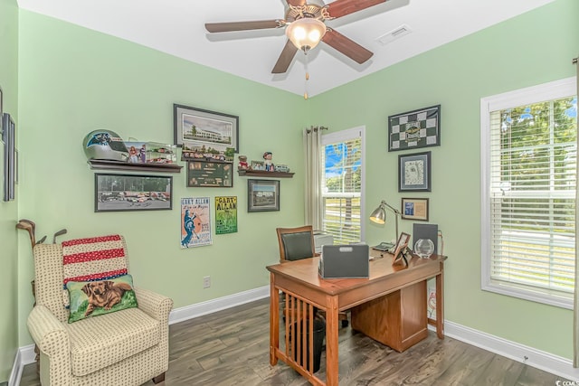 office area with visible vents, baseboards, a healthy amount of sunlight, and wood finished floors