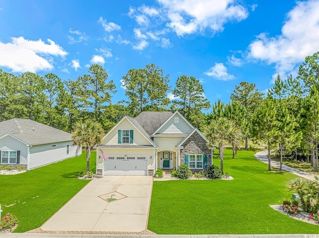 craftsman house featuring stone siding, concrete driveway, a garage, and a front yard