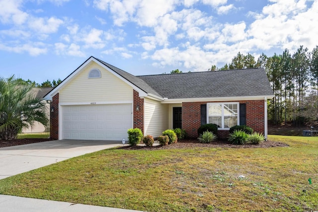 single story home with an attached garage, brick siding, driveway, roof with shingles, and a front lawn