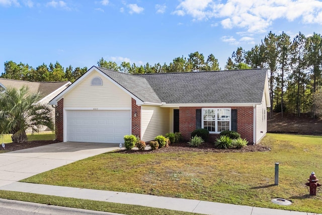 single story home featuring brick siding, a shingled roof, concrete driveway, a garage, and a front lawn