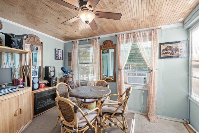 dining space with light colored carpet, ornamental molding, a ceiling fan, wood ceiling, and cooling unit