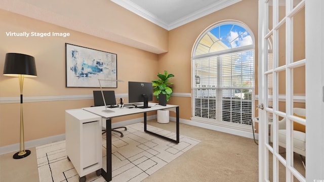 carpeted home office featuring ornamental molding