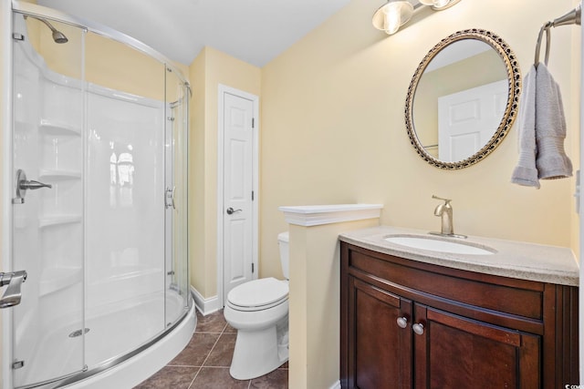 bathroom with tile patterned flooring, vanity, toilet, and a shower with door