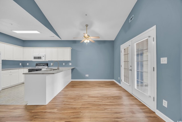 kitchen with light hardwood / wood-style floors, white cabinetry, sink, and electric range oven