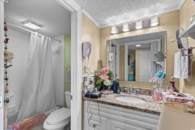 full bathroom featuring a textured ceiling, toilet, vanity, crown molding, and shower / tub combo with curtain