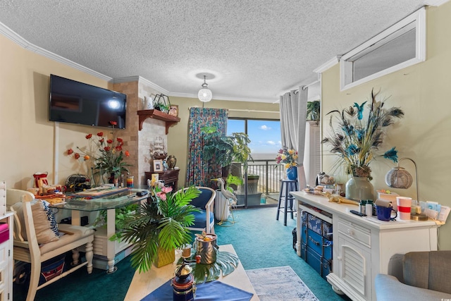 carpeted living room featuring ornamental molding and a textured ceiling