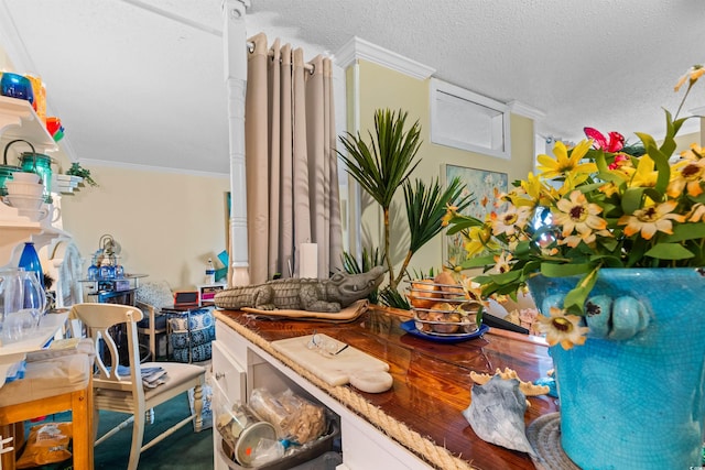 details featuring white cabinetry, crown molding, and a textured ceiling