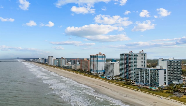 aerial view with a water view and a view of the beach